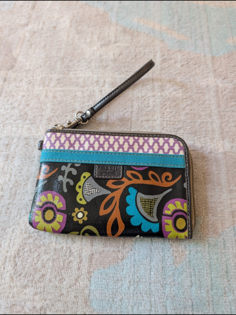 Fossil Colorful Floral Bird Wristlet - Black, Teal, Purple, Orange